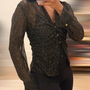 Zara Black Sheer Metallic-Thread Button Front Blouse
